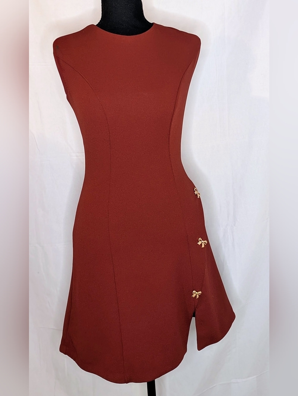 Express Sleeveless A-Line Mini Dress Copper/Rust Color W/ Gold Bow Detail- XS